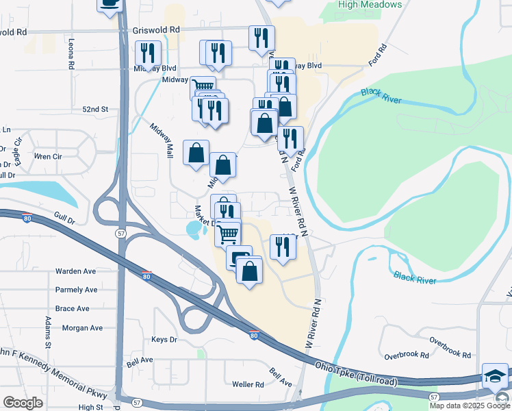 map of restaurants, bars, coffee shops, grocery stores, and more near 41 Hancock Lane in Elyria