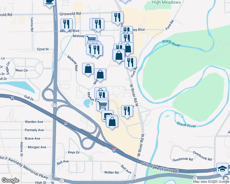map of restaurants, bars, coffee shops, grocery stores, and more near 39 Hancock Lane in Elyria