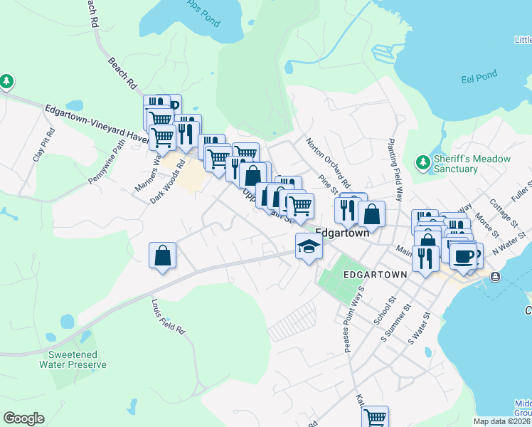 map of restaurants, bars, coffee shops, grocery stores, and more near 220 Upper Main Street in Edgartown