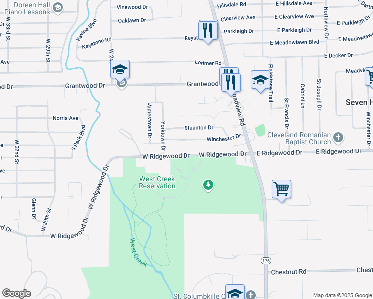 map of restaurants, bars, coffee shops, grocery stores, and more near 1709 Winchester Drive in Parma