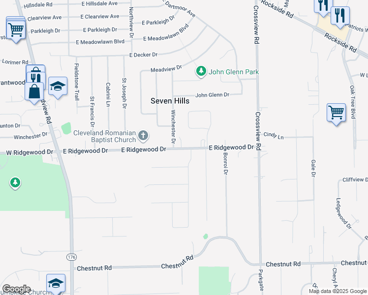 map of restaurants, bars, coffee shops, grocery stores, and more near 1447 East Ridgewood Drive in Seven Hills