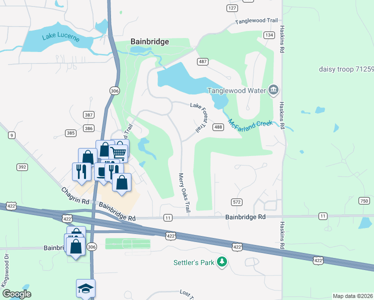 map of restaurants, bars, coffee shops, grocery stores, and more near 17531 Merry Oaks Trail in Chagrin Falls