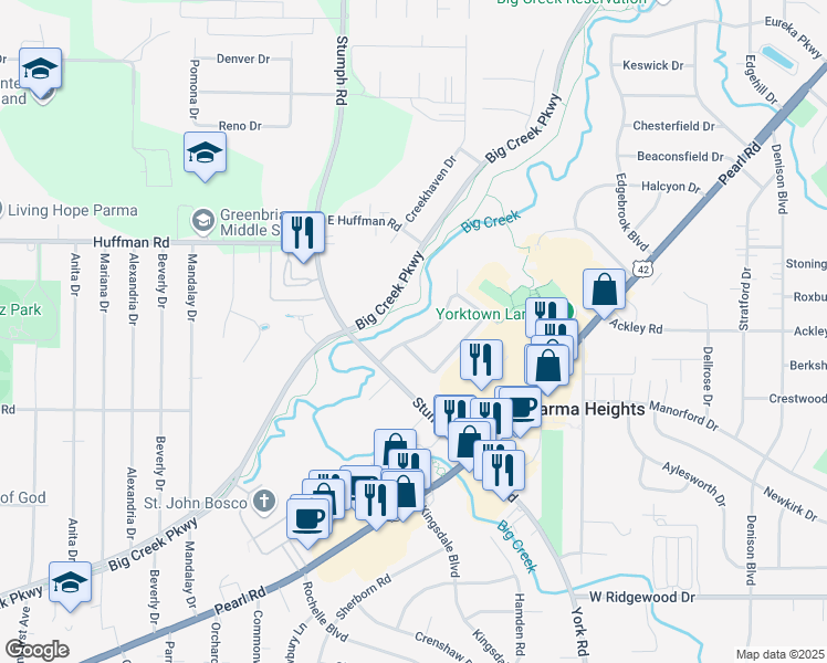 map of restaurants, bars, coffee shops, grocery stores, and more near 11264 Stoneham Road in Parma Heights