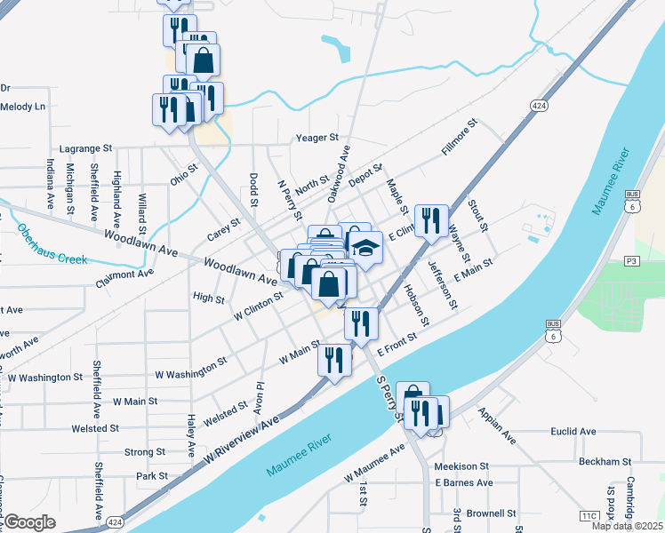 map of restaurants, bars, coffee shops, grocery stores, and more near 116-118 East Clinton Street in Napoleon