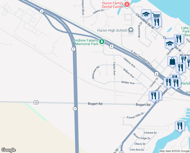 map of restaurants, bars, coffee shops, grocery stores, and more near 703 Parkview Court in Huron