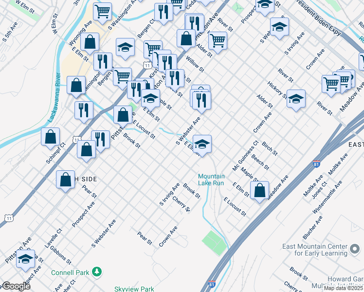map of restaurants, bars, coffee shops, grocery stores, and more near 702 East Elm Street in Scranton