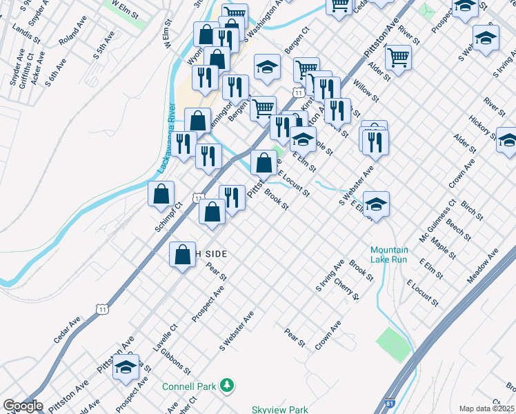 map of restaurants, bars, coffee shops, grocery stores, and more near 1321 Pittston Avenue in Scranton