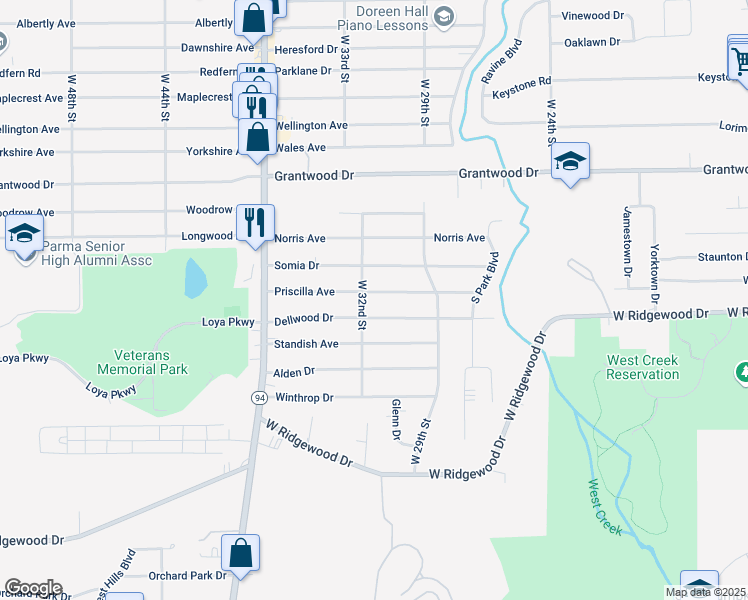 map of restaurants, bars, coffee shops, grocery stores, and more near 3021 Priscilla Avenue in Parma