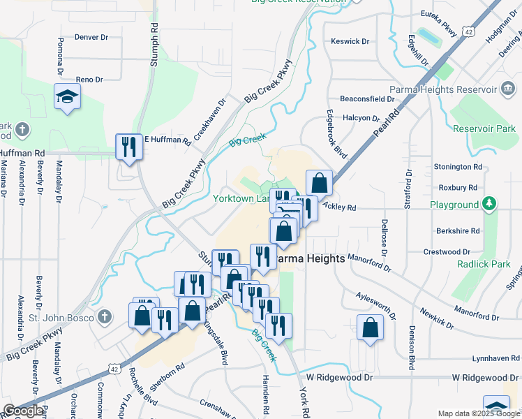 map of restaurants, bars, coffee shops, grocery stores, and more near in Parma Heights
