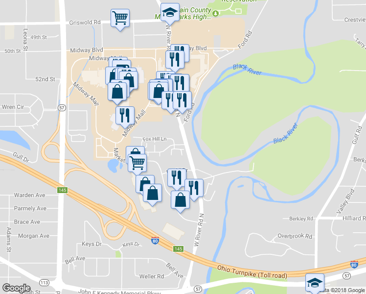 map of restaurants, bars, coffee shops, grocery stores, and more near 102 Fox Hill Lane in Elyria