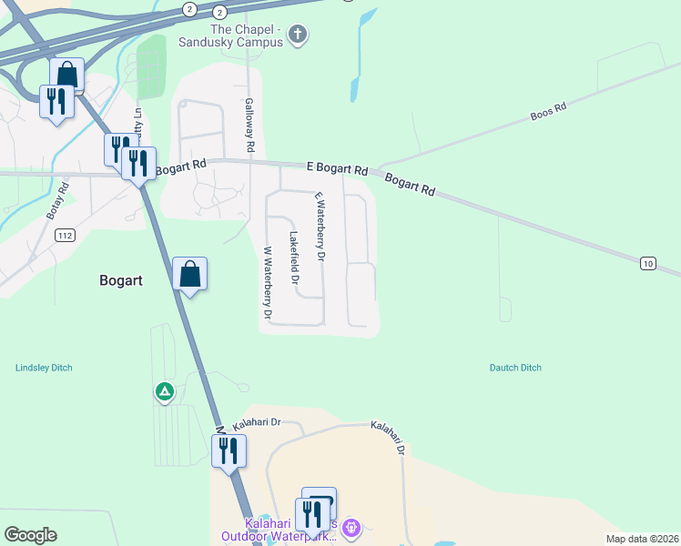 map of restaurants, bars, coffee shops, grocery stores, and more near 1919 East Waterberry Drive in Huron