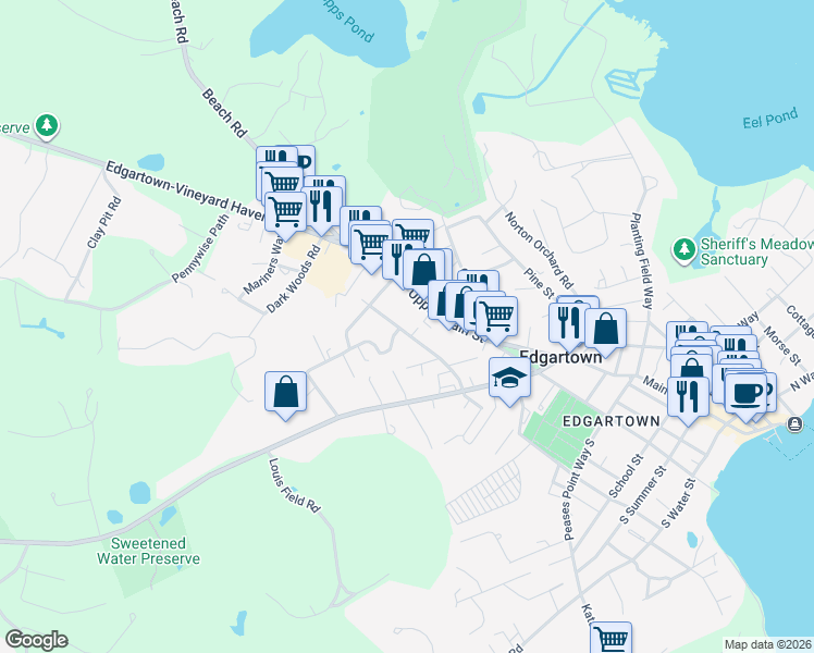 map of restaurants, bars, coffee shops, grocery stores, and more near 43 Pinehurst Road in Edgartown