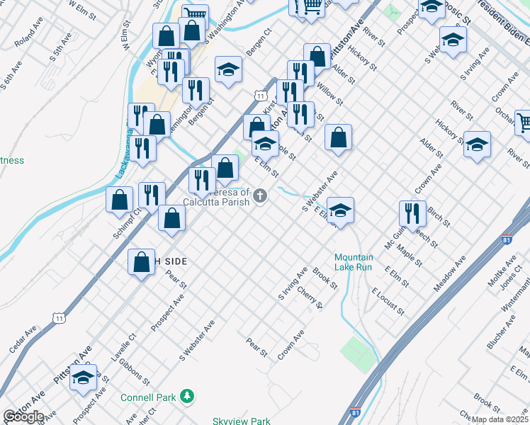 map of restaurants, bars, coffee shops, grocery stores, and more near 1248 Donnelly Ct in Scranton