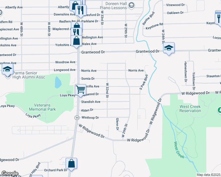 map of restaurants, bars, coffee shops, grocery stores, and more near 3021 Priscilla Avenue in Parma
