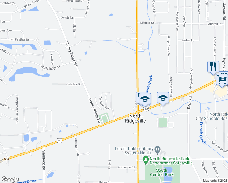 map of restaurants, bars, coffee shops, grocery stores, and more near 6863 Savannah Drive in North Ridgeville