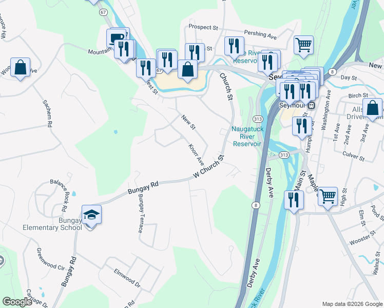map of restaurants, bars, coffee shops, grocery stores, and more near 11 Knorr Avenue in Seymour