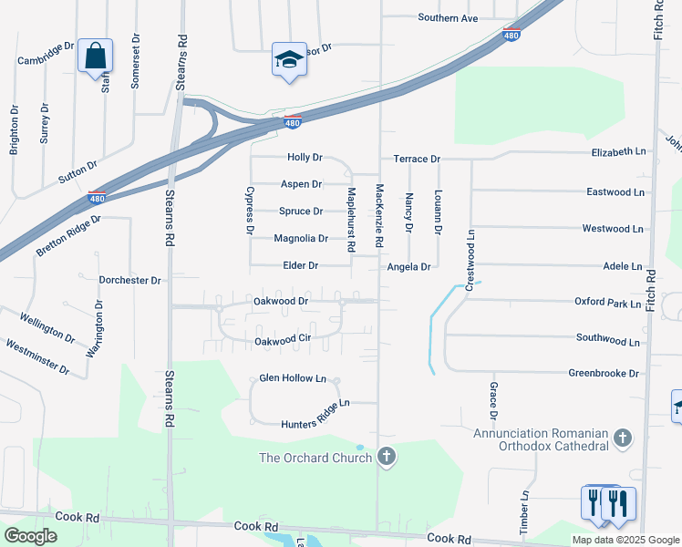 map of restaurants, bars, coffee shops, grocery stores, and more near 28365 Elder Drive in North Olmsted