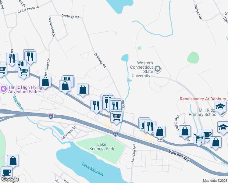 map of restaurants, bars, coffee shops, grocery stores, and more near 20 Driftway Rd in Danbury