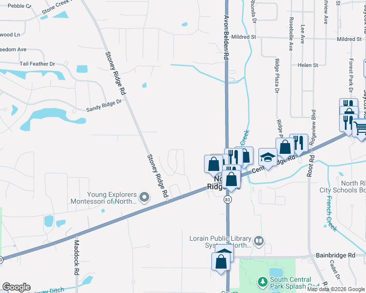 map of restaurants, bars, coffee shops, grocery stores, and more near 6847 Savannah Drive in North Ridgeville