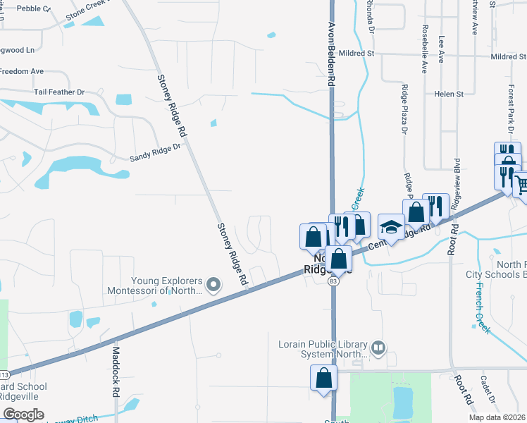 map of restaurants, bars, coffee shops, grocery stores, and more near 6847 Savannah Drive in North Ridgeville