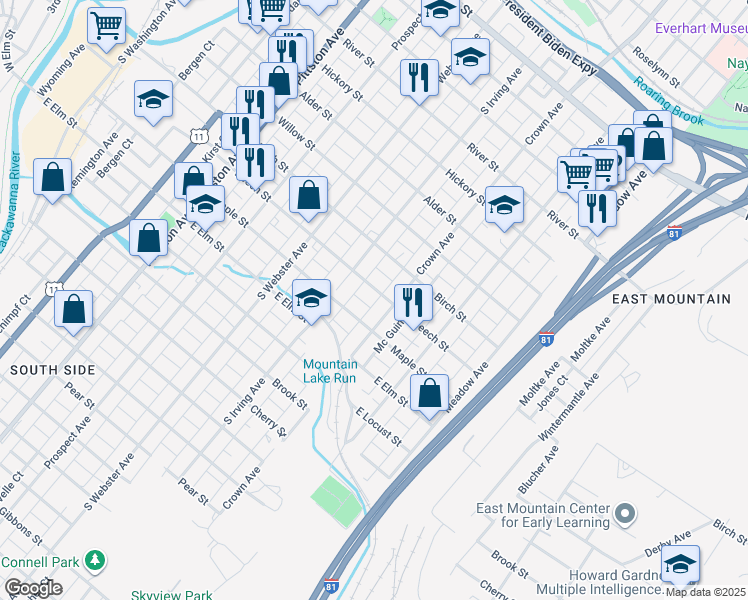 map of restaurants, bars, coffee shops, grocery stores, and more near 834 Beech Street in Scranton