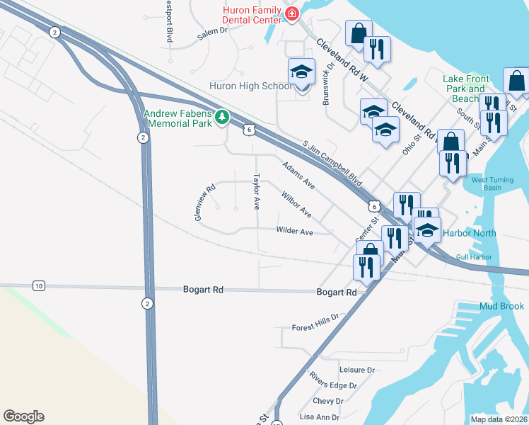map of restaurants, bars, coffee shops, grocery stores, and more near 726 Taylor Avenue in Huron