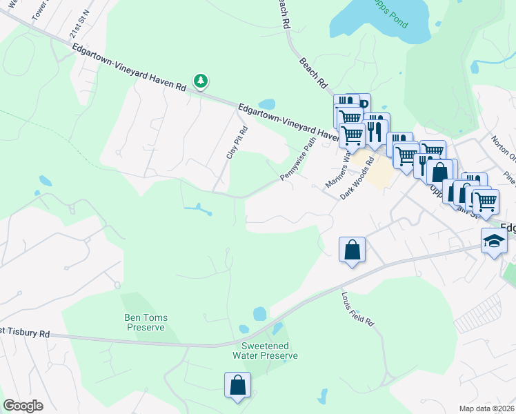 map of restaurants, bars, coffee shops, grocery stores, and more near 45 Dark Woods Road in Edgartown