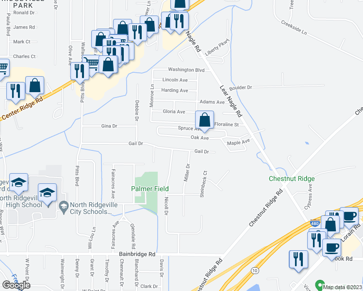 map of restaurants, bars, coffee shops, grocery stores, and more near 33866 Gail Drive in North Ridgeville
