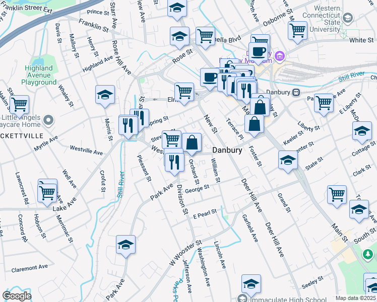 map of restaurants, bars, coffee shops, grocery stores, and more near 81 West Street in Danbury