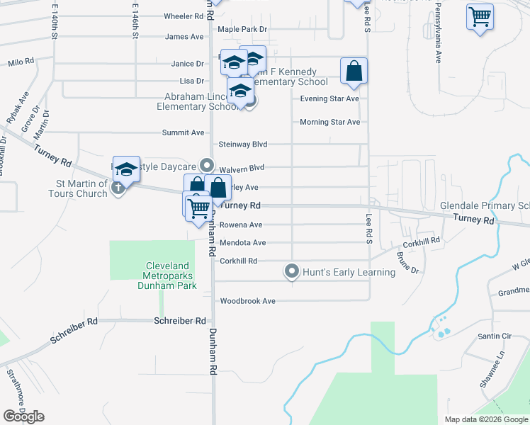 map of restaurants, bars, coffee shops, grocery stores, and more near 15610 Turney Road in Maple Heights