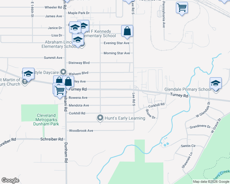 map of restaurants, bars, coffee shops, grocery stores, and more near 16006 Turney Road in Maple Heights