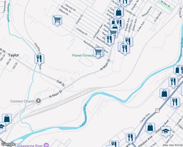 map of restaurants, bars, coffee shops, grocery stores, and more near 531 North Main Street in Scranton