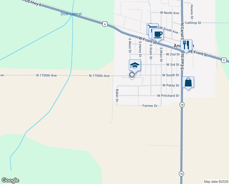 map of restaurants, bars, coffee shops, grocery stores, and more near 504 Baker Street in Annawan
