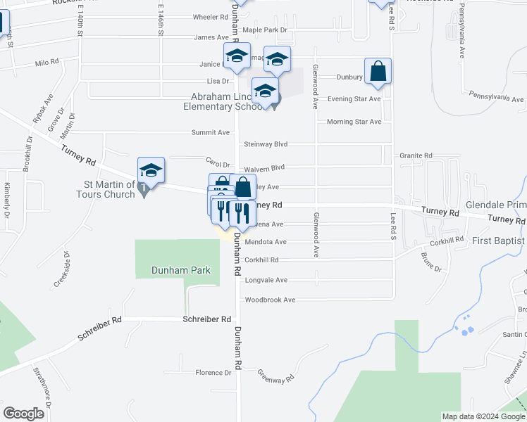 map of restaurants, bars, coffee shops, grocery stores, and more near 15318 Turney Road in Maple Heights