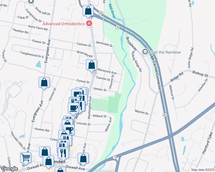 map of restaurants, bars, coffee shops, grocery stores, and more near 19 Amherst Street in Hamden