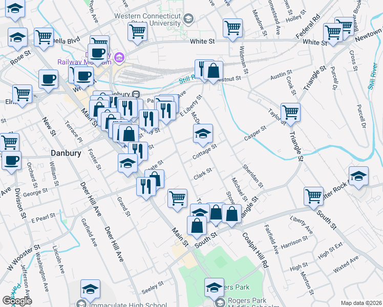 map of restaurants, bars, coffee shops, grocery stores, and more near 71 Town Hill Avenue in Danbury