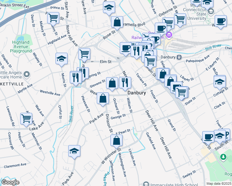 map of restaurants, bars, coffee shops, grocery stores, and more near 81 West Street in Danbury