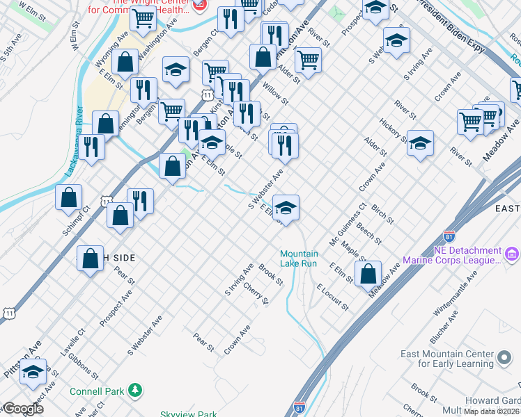map of restaurants, bars, coffee shops, grocery stores, and more near 702 East Elm Street in Scranton