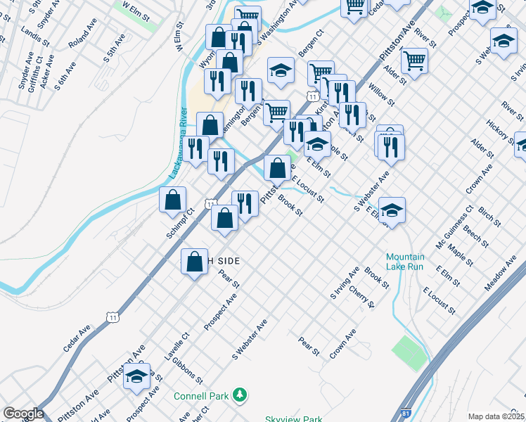 map of restaurants, bars, coffee shops, grocery stores, and more near 1321 Pittston Avenue in Scranton
