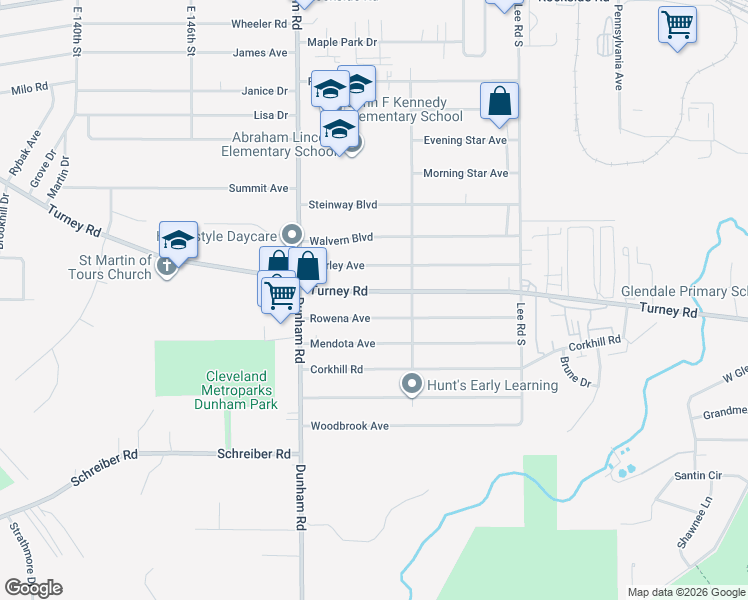 map of restaurants, bars, coffee shops, grocery stores, and more near 15610 Turney Road in Maple Heights