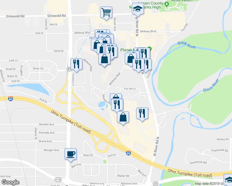 map of restaurants, bars, coffee shops, grocery stores, and more near 128 Fox Hill Lane in Elyria