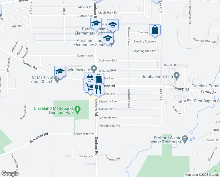 map of restaurants, bars, coffee shops, grocery stores, and more near 15410 Turney Road in Maple Heights