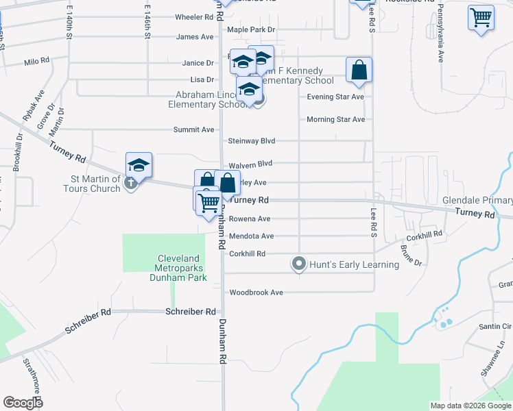 map of restaurants, bars, coffee shops, grocery stores, and more near 15414 Turney Road in Maple Heights