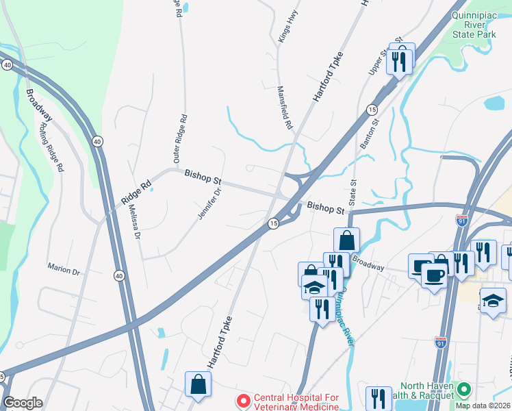 map of restaurants, bars, coffee shops, grocery stores, and more near 6 Liberty Terrace in North Haven