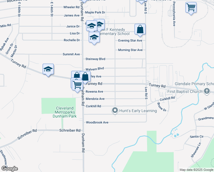 map of restaurants, bars, coffee shops, grocery stores, and more near 15610 Turney Road in Maple Heights