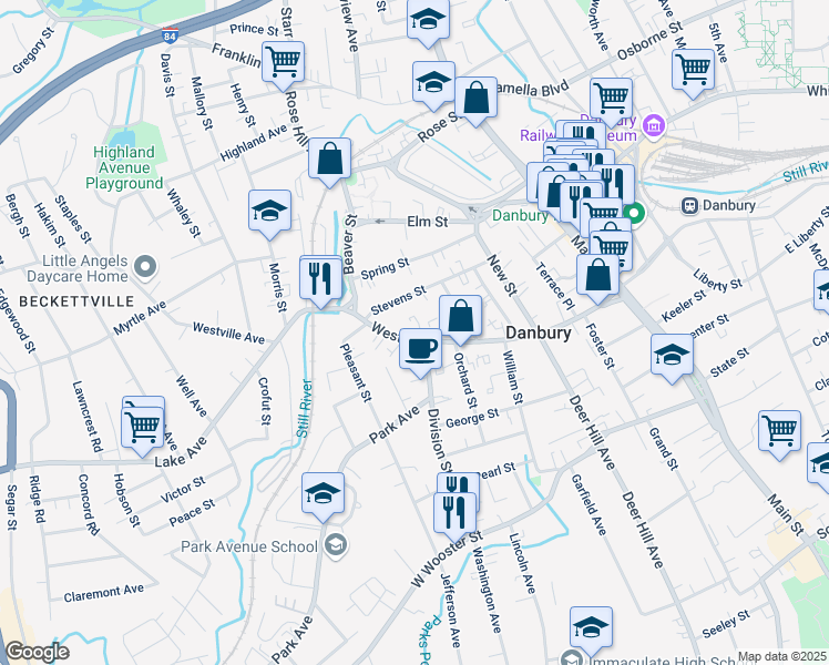 map of restaurants, bars, coffee shops, grocery stores, and more near 93 West Street in Danbury