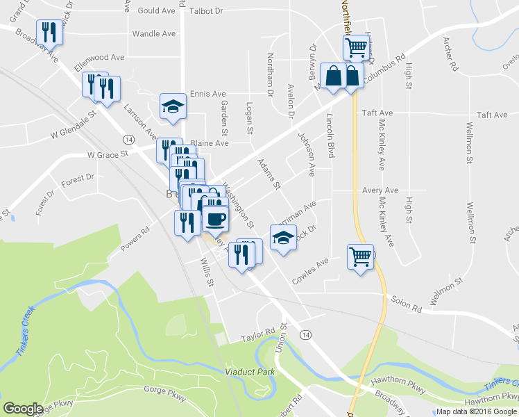 map of restaurants, bars, coffee shops, grocery stores, and more near 82 Woodrow Avenue in Bedford