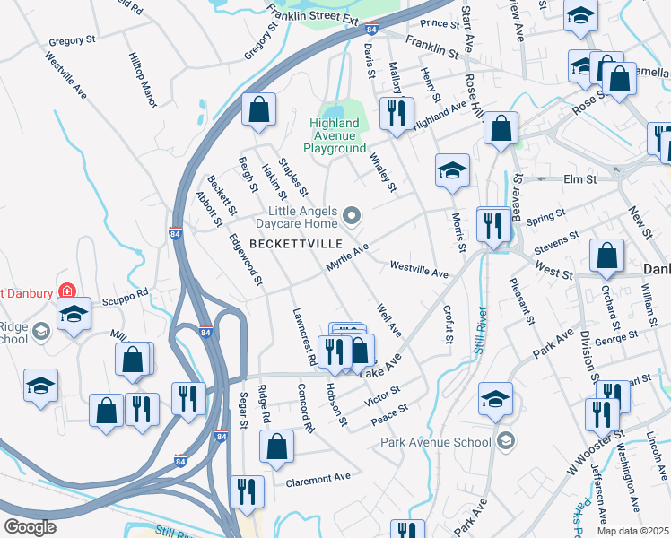 map of restaurants, bars, coffee shops, grocery stores, and more near 26 Myrtle Avenue in Danbury