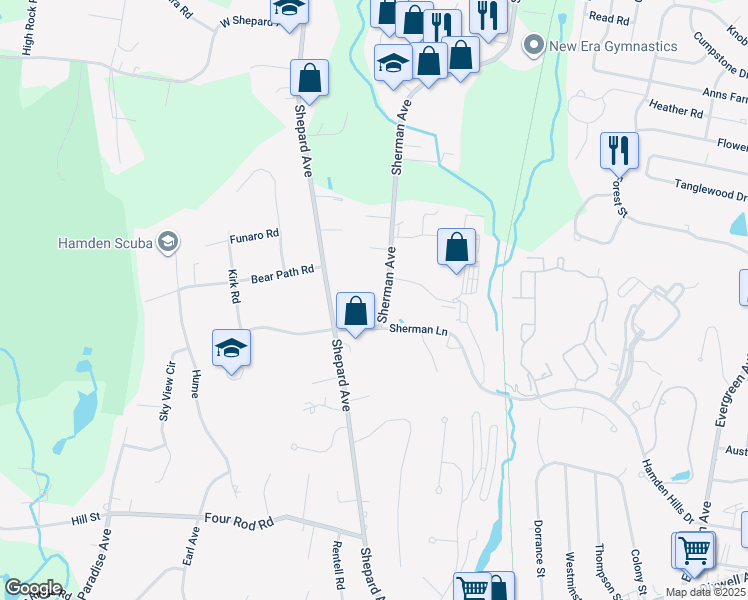 map of restaurants, bars, coffee shops, grocery stores, and more near 1225 Sherman Avenue in Hamden