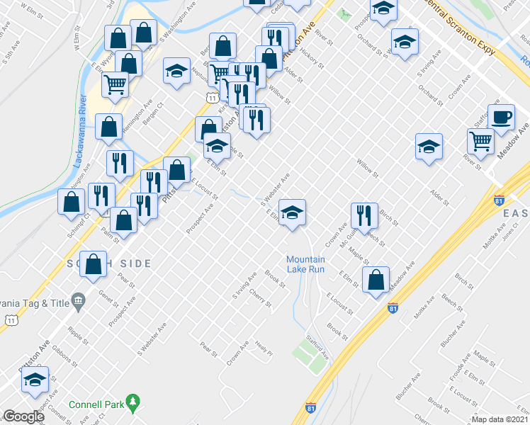 map of restaurants, bars, coffee shops, grocery stores, and more near 702 East Elm Street in Scranton